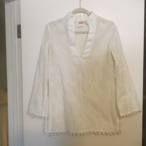 White embroidered tunic top with pom poms